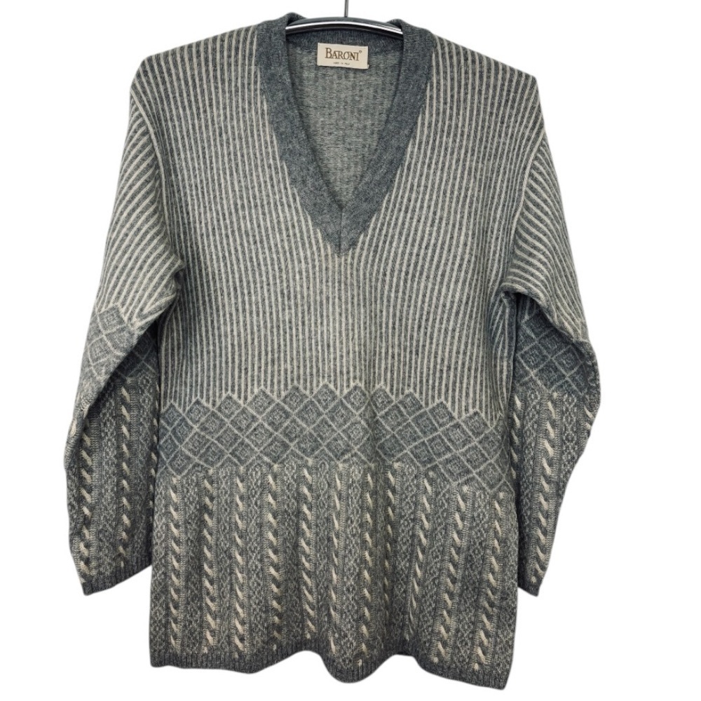 Baroni Women’s Grey V-Neck Cable Knit Wool Blend Sweater Size XL